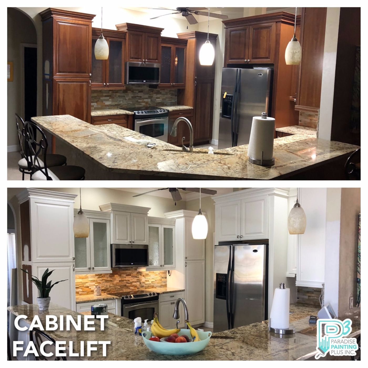 Cabinet facelift, wood cabinets painted white, before and after